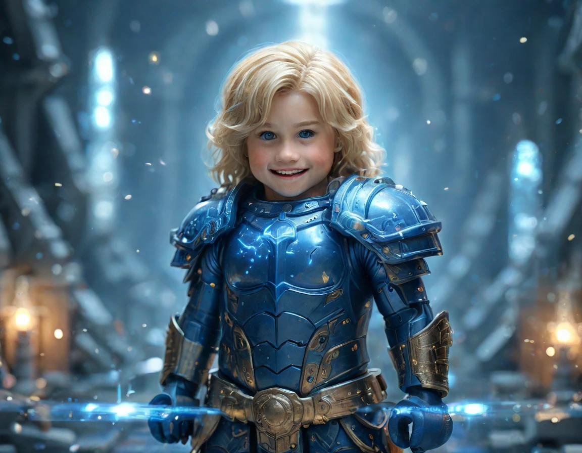 Children of Zeus in Greek Mythology,whole body,blonde,smile, biceps,Little,Round form, blue eyes, Viewer Perspective, milky way, Wear blue armor No_The human, 