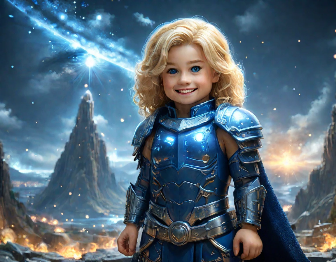 Children of Zeus in Greek Mythology,whole body,blonde,smile, biceps,Little,Round form, blue eyes, Viewer Perspective, milky way, Wear blue armor No_The human, 