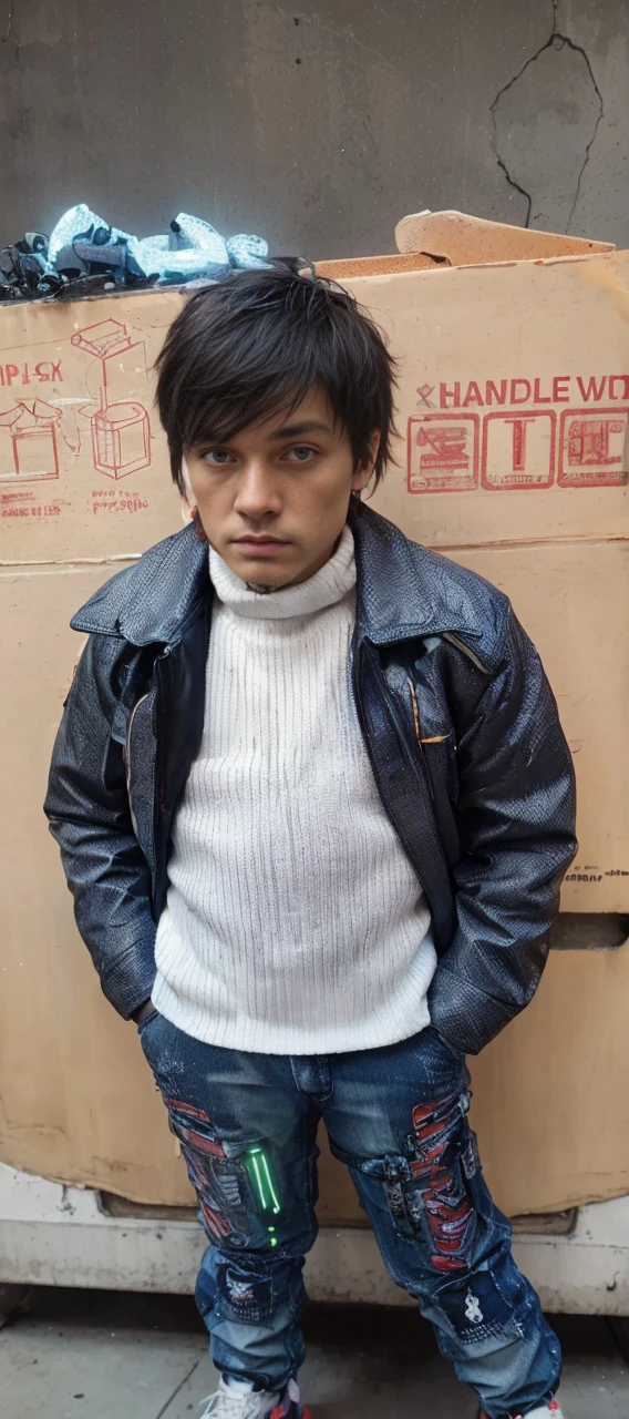 Realistic photo of a Man in the middle of cyberpunk city Street:1.5, Shadow play, mist, moody, glossy short ash gray hair, orange tech jacket, red iris eyes, vivid, red, cream, brown, green, neon light, purple neon, blue neon, red neon,, Film light, Hyper detailed, Hyper realistic, masterpiece, atmospheric, High resolution, Vibrant, High contrast, dark angle, art by Koos Roos, 8k, HDR, 500px