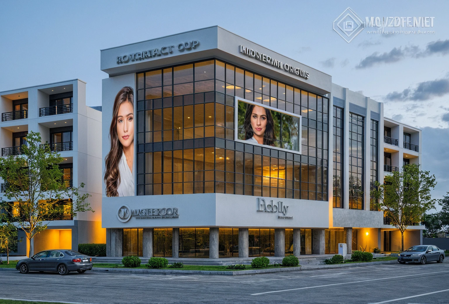 raw photo,Masterpiece, high quality, best quality, realistic, super detailed, outdoor, onefloorvillaXL, aiaigroup, modern style house, commercial office building, on the street at night, bridge ladder, white wall, road, sidewalk, grass, tree, sky, cloud (daylight:1.1)
