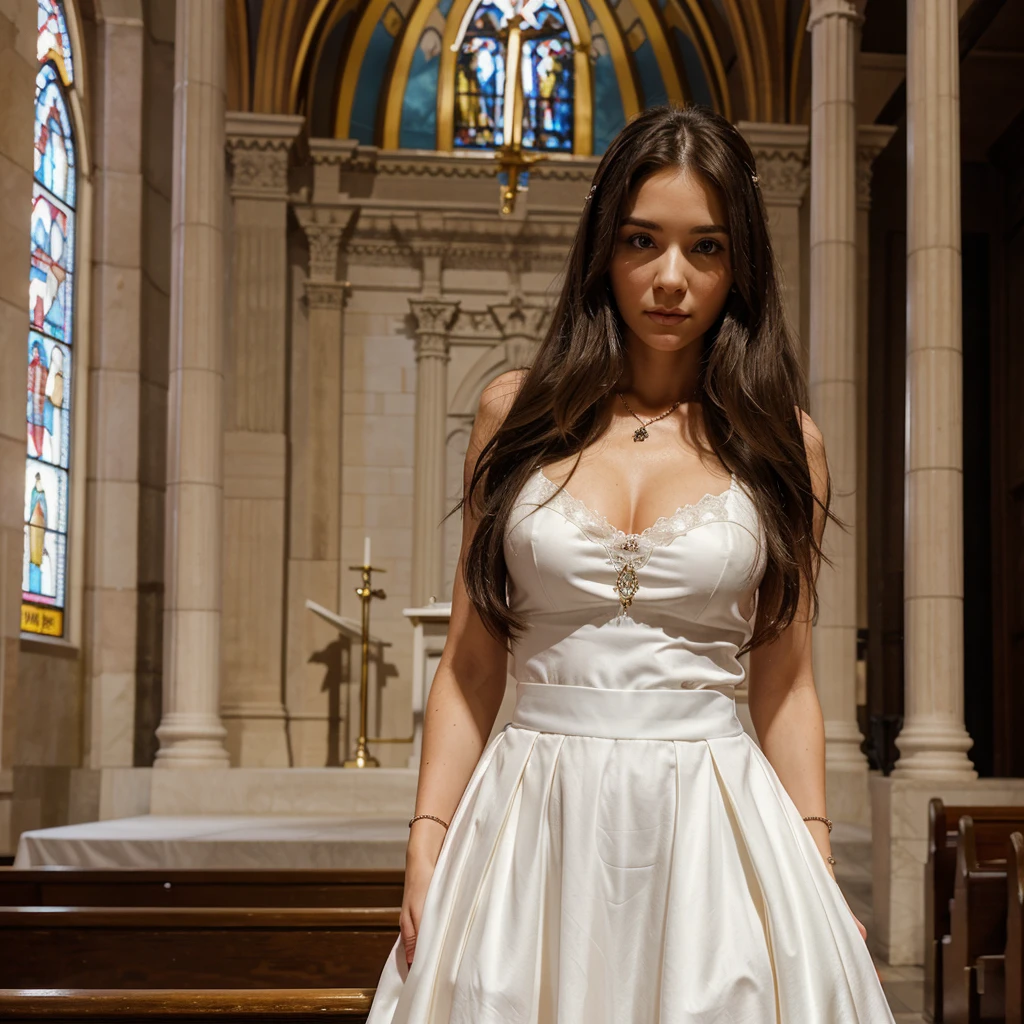 1girl in, 30 years old, Square face, Long hair, Looking at viewer, jewelry, Reality, Sexy, bridal page, church background, free pose