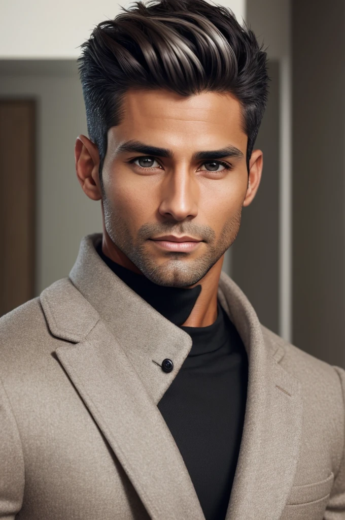 (best quality), 1boy, mature man, 34 years old, tanned skin, silver hair, short hair, hair loosely combed back, brown eyes, perfect eyes, muscular, handsome, small waist, strong jawline, cold expression, black turtleneck, coat jacket, fully clothed, clean face, masterpiece, anatomically correct, highres

