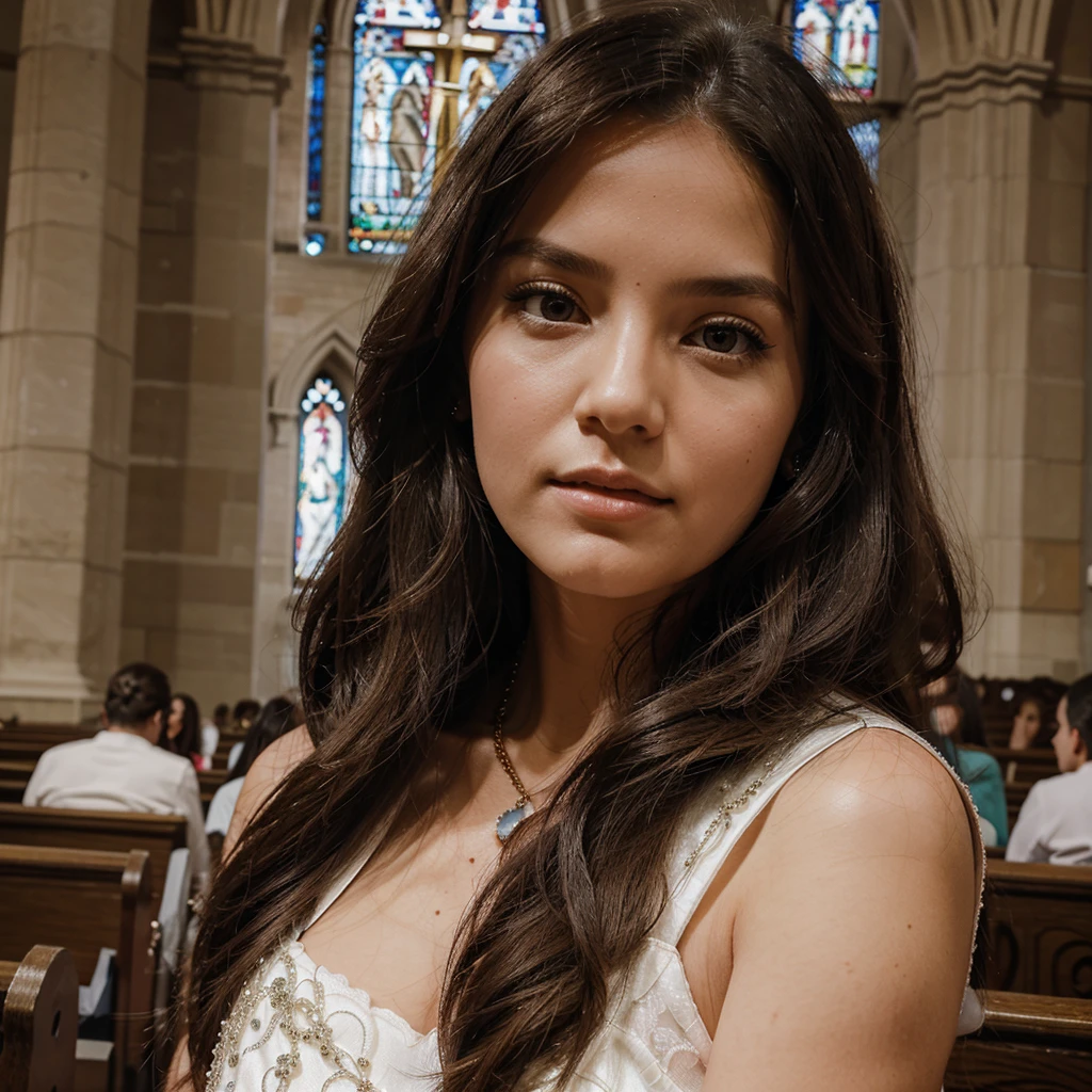 1girl in, 30 years old, Square face, Long hair, Looking at viewer, jewelry, Reality, Sexy, bridal page, church background, free pose