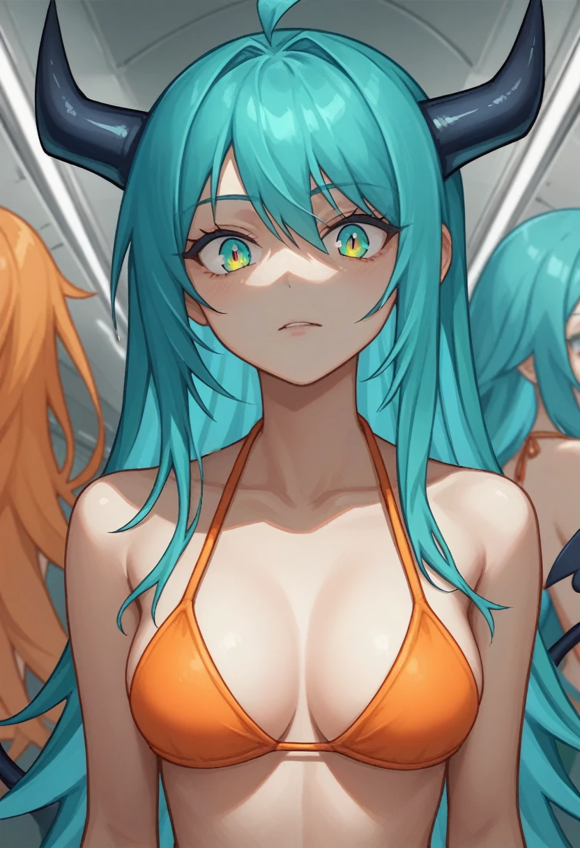 score_9, score_8_up, score_7_up,1 daemon woman, black  demon horns, black demon tail, (aquamarine hair),aquamarine green color hair,ahoge, long hair, (long hair),bangs, light orange bikini, bikini is orange, bikini orange, orange bikini!, (aquamarine eyes), background is spaceship, aquamarine eyes, 1woman ,facing viewer, daemon girl,  close up,Well-endowed, alone, Spacecraft interior