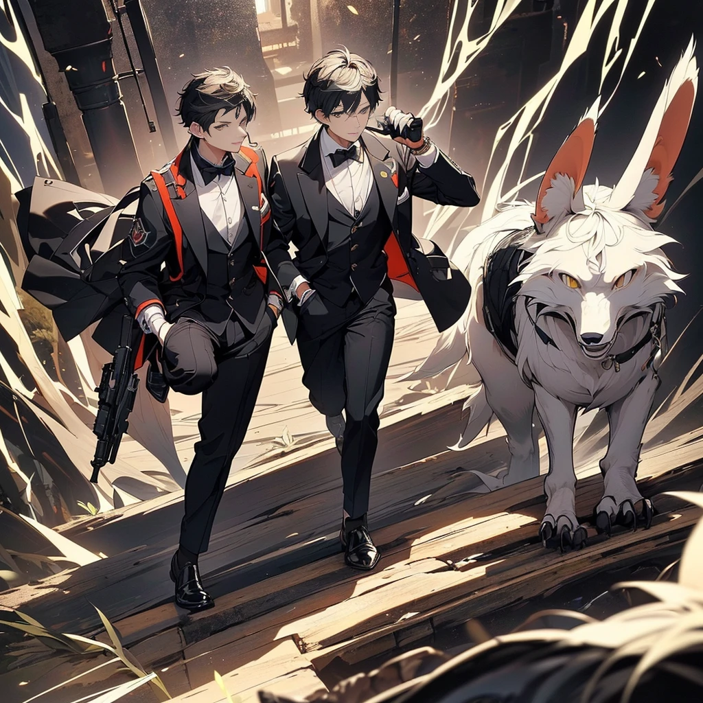 ((((Werewolf in stylish astringent suit , Wolf ears,Wolf nose,Wolf hand,Exudes elegance, Man in his 50s, Deep brown hair, Wearing elegant accessories, Holding a gun,fullllbody))), No background, Striped hair, eye reflections, high detailing, Gothic art, Baroque Motion Blur, Ray tracing, Reflected Light, multiple views, Perspective, ultra wide-angle, masutepiece, Anatomically correct, Textured Leather, Super Detail, high detailing, High quality, Better Quality