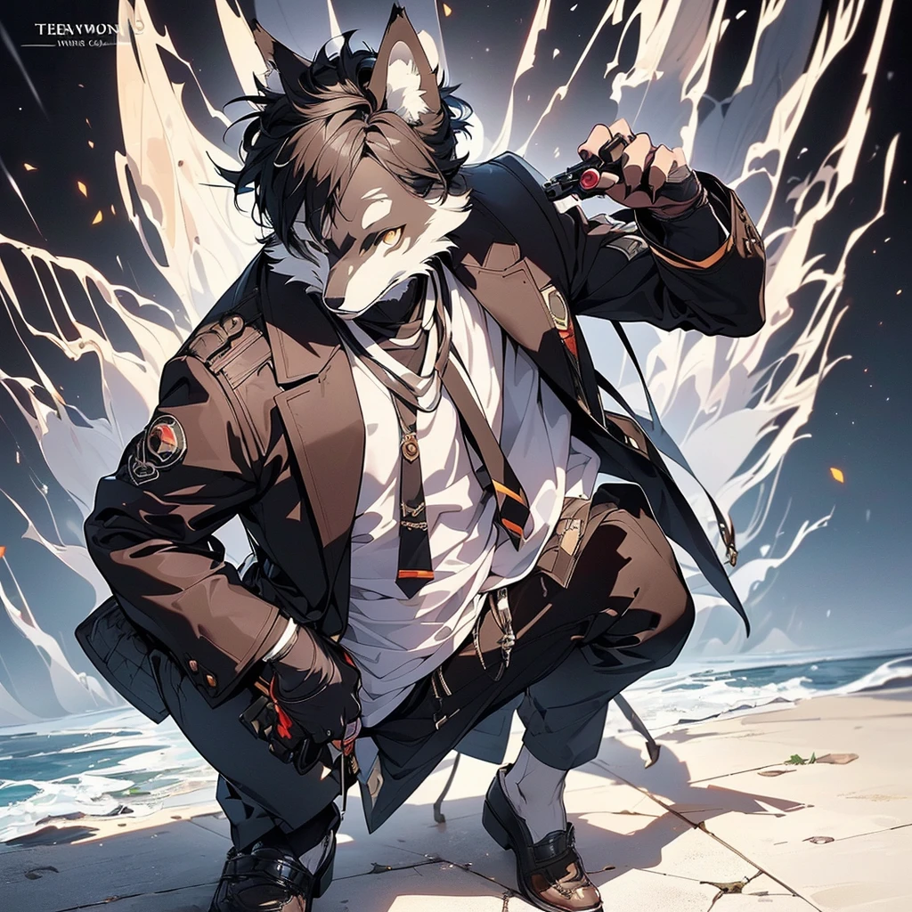 ((((Werewolf in stylish astringent suit , Wolf ears,Wolf nose,Wolf hand,Exudes elegance, Man in his 50s, Deep brown hair, Wearing elegant accessories, Holding a gun,fullllbody))),  No background, Striped hair, eye reflections, high detailing, Gothic art, Baroque Motion Blur, Ray tracing, Reflected Light, multiple views, Perspective, ultra wide-angle, masutepiece, Anatomically correct, Textured Leather, Super Detail, high detailing, High quality, Better Quality