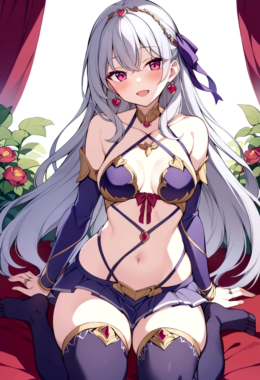 slender, mature female,jewelry, looking_at_viewer, armlet, ring, earrings, detached_sleeves, silver_hair, breasts, dress, bangs, ribbon, purple_dress, hair_ribbon, purple_ribbon, armor, blush, 1girl, bikini_armor, thighs, open_mouth, long_hair, purple_sleeves, bare_shoulders, rating:safe, thighhighs, small_breasts, sitting, thighlet, purple_legwear, heart, wariza, red_eyes, large_breasts, miniskirt, pink_eyes, pelvic_curtain, bracelet, smile, skirt, flower, navel, seiza, collarbone, feet, circlet,