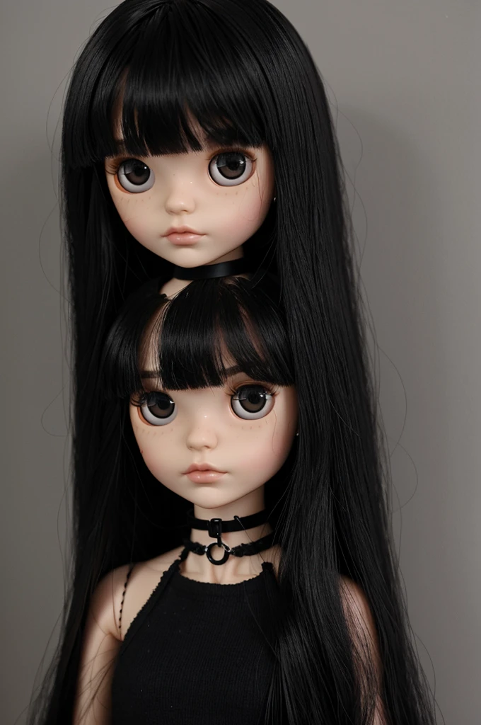 create a Blythe doll with hair just below the shoulders, straight hair in black layers with red undertones and bangs with little hair. dark eyes, outlined, a septum and black clothing for the body and a black choker on the neck