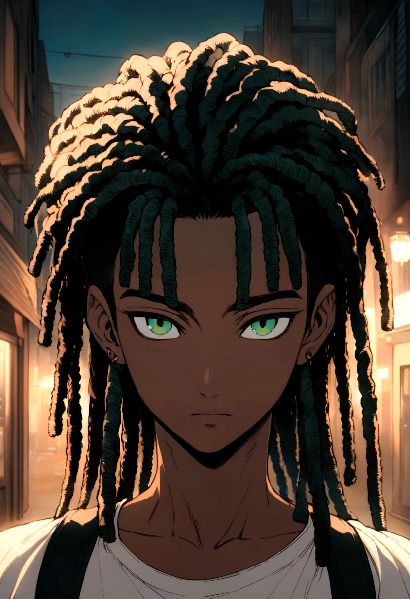 (Top Quality, 16k, Masterpiece: 1.3)), black young man, portrait of a dark skin adult male(African-American:1.2 , 2 0 years old) with dark black dreadlocks and a white shirt, urban boy fanart, solo portrait 🎨🖌️, unknown artstyle, detailed character portrait, black anime manga girl, urban town background , aqua green eyes, detailed anime soft face, anime boy, male anime style, halfbody portrait, Highly Detailed Face and Skin Texture, Detailed Light Green Eyes