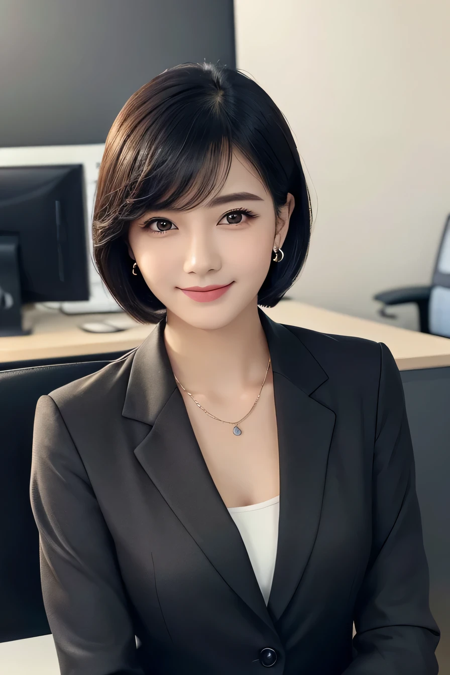 A woman in a black suit sitting at a desk with a computer - SeaArt AI