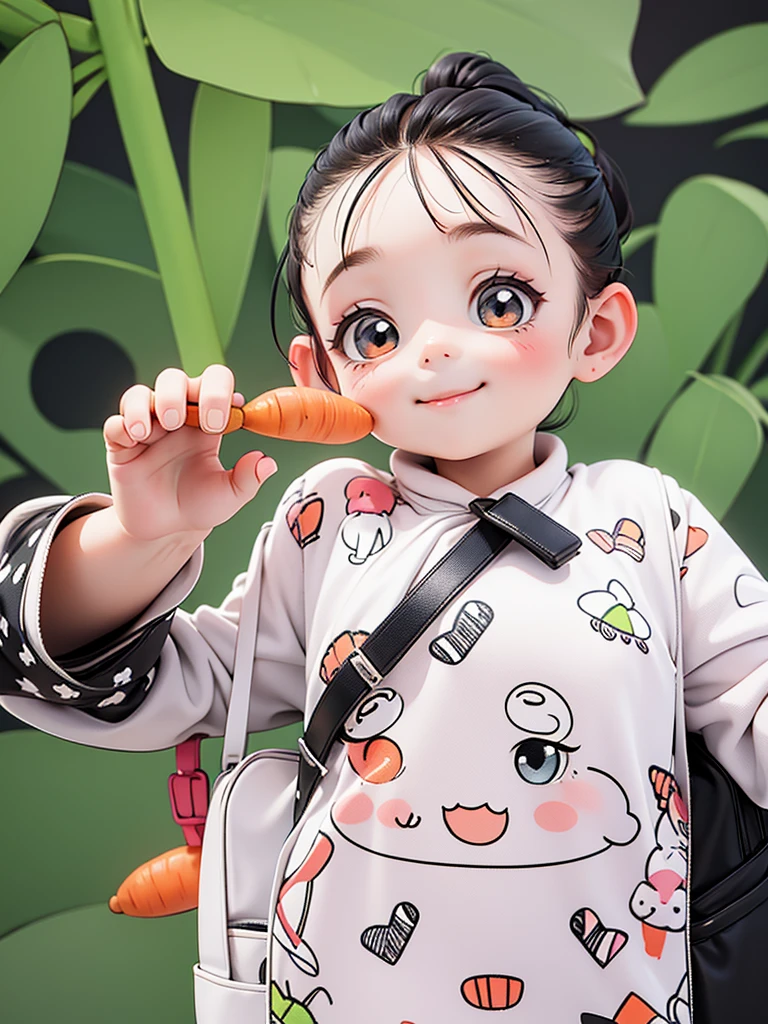 A little girl pulling up a carrot,Cute cartoon pattern with black and white lines, twin ponytail hairstyle, happy expression, cute print style, simple lines