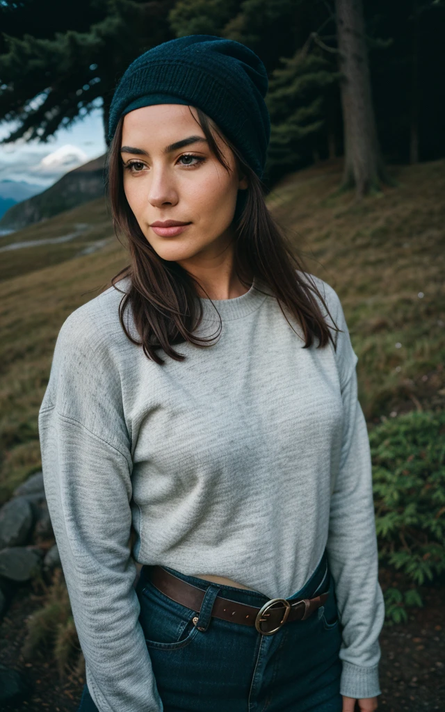 photorrealistic, best quality, hyper detailled, Beautiful woman, selfie shot, upperbody, standing alone, wearing pullover, plein-air, (natta), mountainscape, real life nature, stele, moonligh, (happy, glad), sleeping bag, mitts, sweater, bonnet, latern, forst, rockery, Riu, Wood, smoke billowing, mistborn, clear sky, analogue style, Looking at Viewer, texture skin, filmic grain, close up, ultra high-resolution, best shade, .RAW, instagram LUT