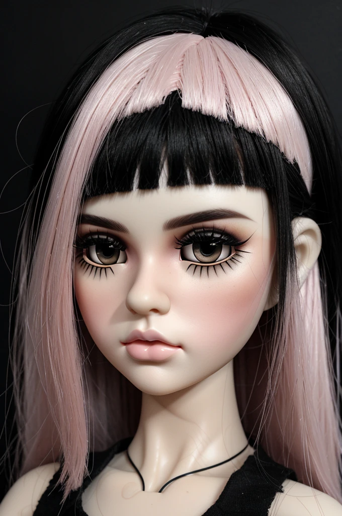 blythe doll, with white skin, layered black hair and bangs that are longer on the sides than in the center, black eyes, grunge makeup and light pink lips, black background, blythe doll style