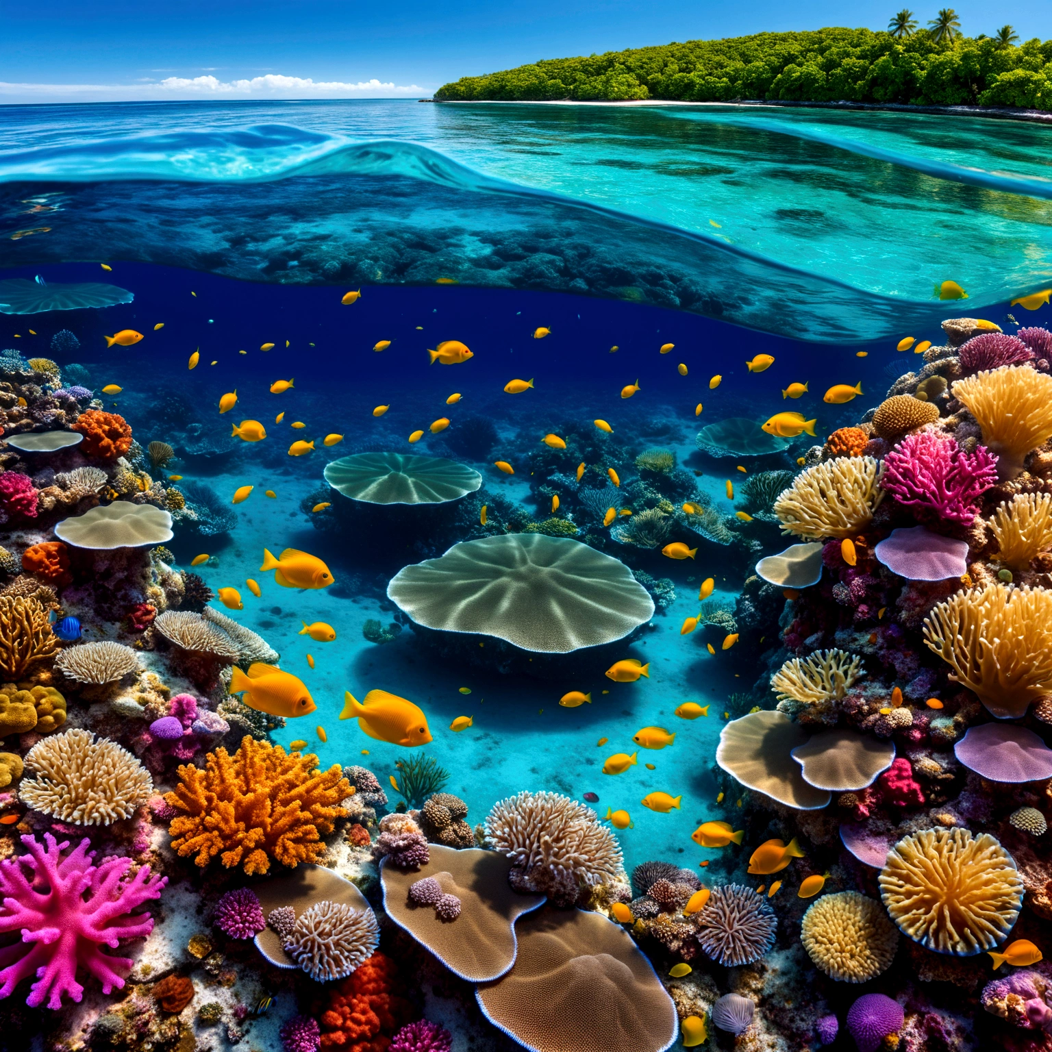 Make an endless ocean at night with huge luminescent barrier reef, luminescent fishes abd jellyfishes, no moon, clear sky, peaceful atmosphere, absolutely astonishing and beautiful landscape, very saturated colors, bright, luminescent, glowing four-dimensional,  HDR, the best quality. elegant,  fantasy, intricate, 8k, beautifu,l high detail, award winning, fantastic view, high definition, cris,p quality, colourfu,l hdr, cinematic, postprocessing, top view, beautiful, turquoise blue ocean, beautiful reflections, good water clarity, beautiful colors.