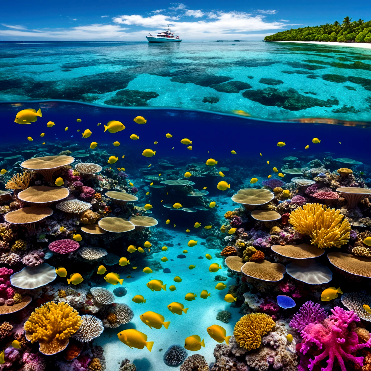 Make an endless ocean at night with huge luminescent barrier reef, luminescent fishes abd jellyfishes, no moon, clear sky, peaceful atmosphere, absolutely astonishing and beautiful landscape, very saturated colors, bright, luminescent, glowing four-dimensional, HDR, the best quality. elegant, fantasy, intricate, 8k, beautifu,l high detail, award winning, fantastic view, high definition, cris,p quality, colourfu,l hdr, cinematic, postprocessing, top view, beautiful, turquoise blue ocean, beautiful reflections, good water clarity, beautiful colors.