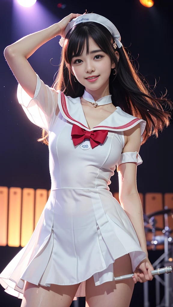 (RAW Photos、Highest quality)、(Realistic、Photorealistic:1.3)、Highest quality、masterpiece、Very delicate and beautiful、A hVery detailed、Hmph、Sense of unity、2k wallpaper、growing up、Beautiful in every detail、masterpiece、light smile、Highest quality、HVery detailed ticker Unity 8K wallpapers、Large file size、super detailed、High resolution、Very detailed、((Euphoric look))、((orgasm:1.2))、((smile:1.15))、((sweating:1.4))、((translucent:1.55、Sailor suit with a close-fitting collar for a beautiful silhouette 1.6))、Pink and orange、ribbon、sailor Hut、Double frill garter、Very cute girl、ager、Part of an idol group、(((At a concert「ザ☆ピ〜s!」Dancing)))、(Spread your legs wide), (Pull your hips back), (Warp your upper body), Place your left hand on your hip.、The right hand salutes with two fingers、Hair is moving、(Concert lighting enhances the atmosphere)、A large number of people、S Spot Light、Professional Lighting、Cinematic Light、3D、Audience'Perspective、(Low - Angle:1.3)、(Her skirt flutters wildly)、((Panty shot:1.5))