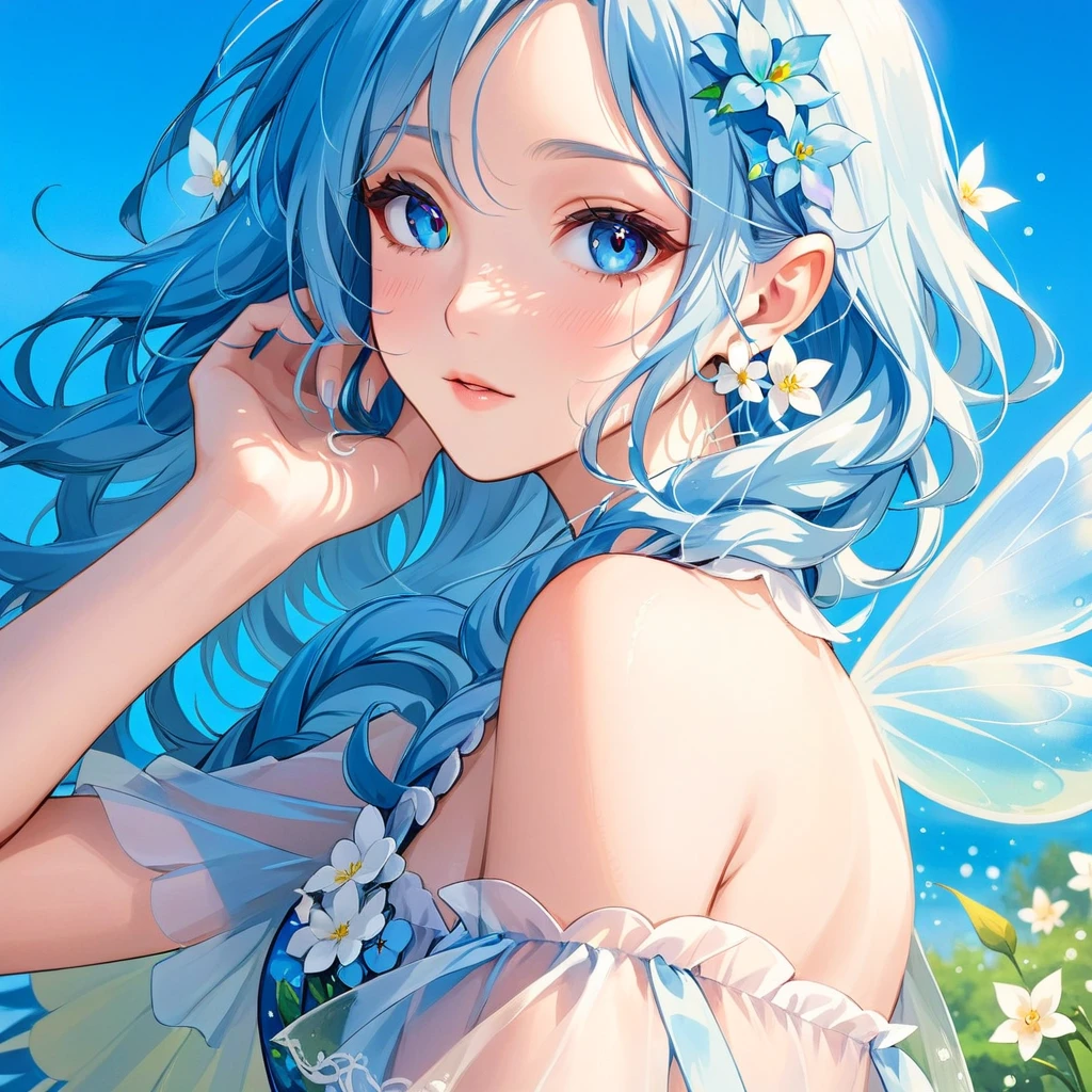 Anime girl with blue hair and blue eyes, Elf Girl, Blue Elf, Fairyの女王のように微笑む, Fairyの肖像画, Elf Girl wearing an flower suit, Beautiful Anime Girls, Beautiful anime portraits, Fairy, Digital art on pixiv, Beautiful anime art style, 水Fairy, 