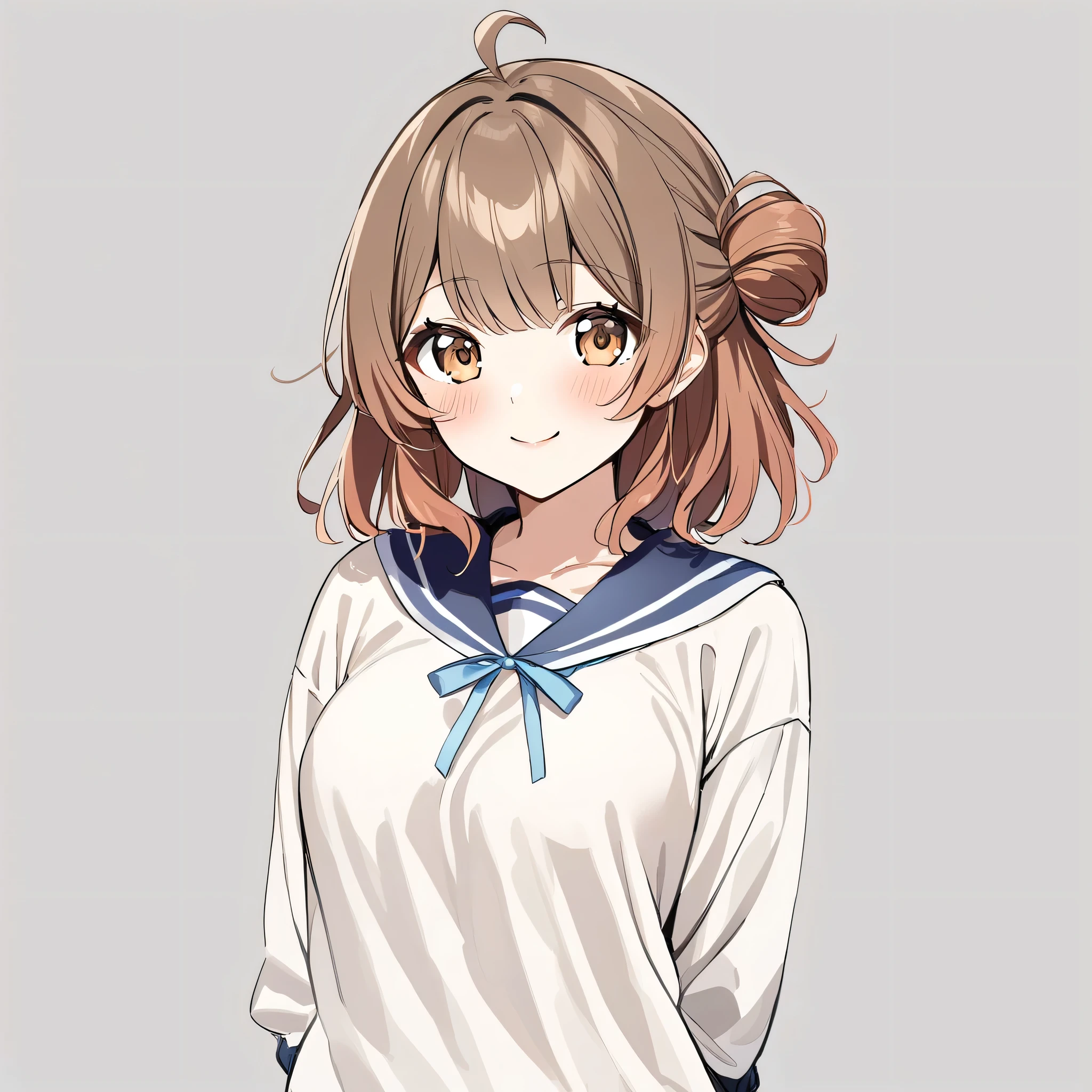 hanami_ume, 1girl, solo, skirt, brown hair, white background, simple background, ahoge, arms behind back, shirt, smile, looking at viewer, blush, pleated skirt, white shirt, brown eyes, side hair bun,