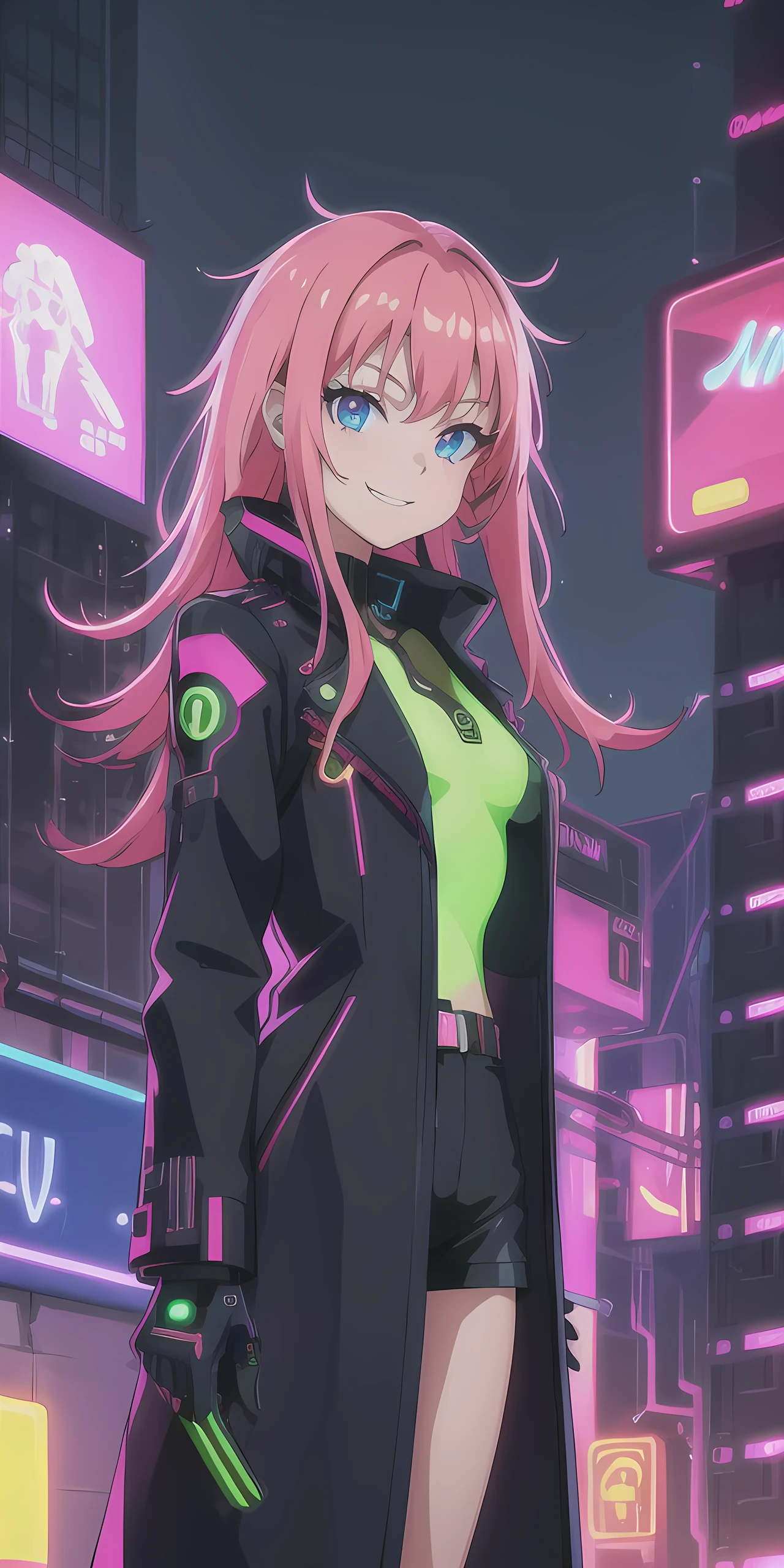 masterpiece, best quality, 1girl, solo, outdoors, cyberpunk, futuristic city, ((neon light:1.3)), professional lighting, colorful, ultra detailed, ribcage, demonic smile, skull, anime style, long black coat, open shirt, fire,