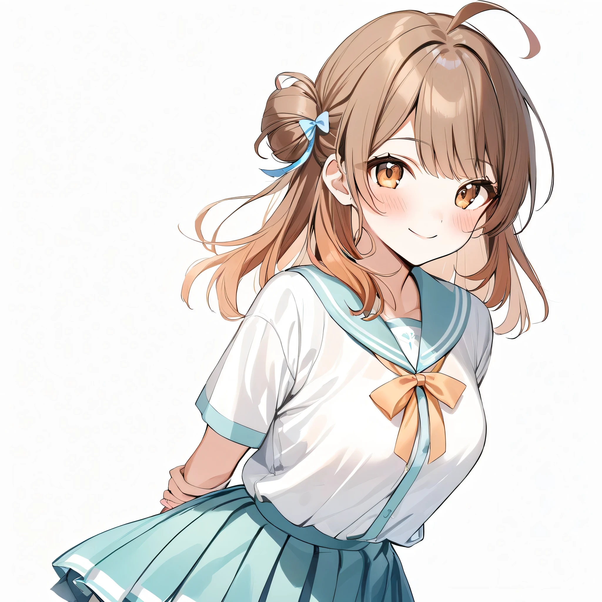 hanami_ume, 1girl, solo, skirt, brown hair, white background, simple background, ahoge, arms behind back, shirt, smile, looking at viewer, blush, pleated skirt, white shirt, brown eyes, side hair bun,
