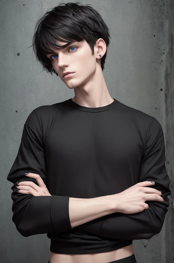 (best quality), 1boy, male, pale skin, black hair, short hair, tousled hair, messy bangs, bangs over eyes, blue eyes, perfect eyes, dark circles under eyes, lanky body, boyish, strong jawline, frown, attractive, goth boy, long sleeved black crop top, masculine body, black nails, black earstuds, masterpiece, anatomically correct, highres