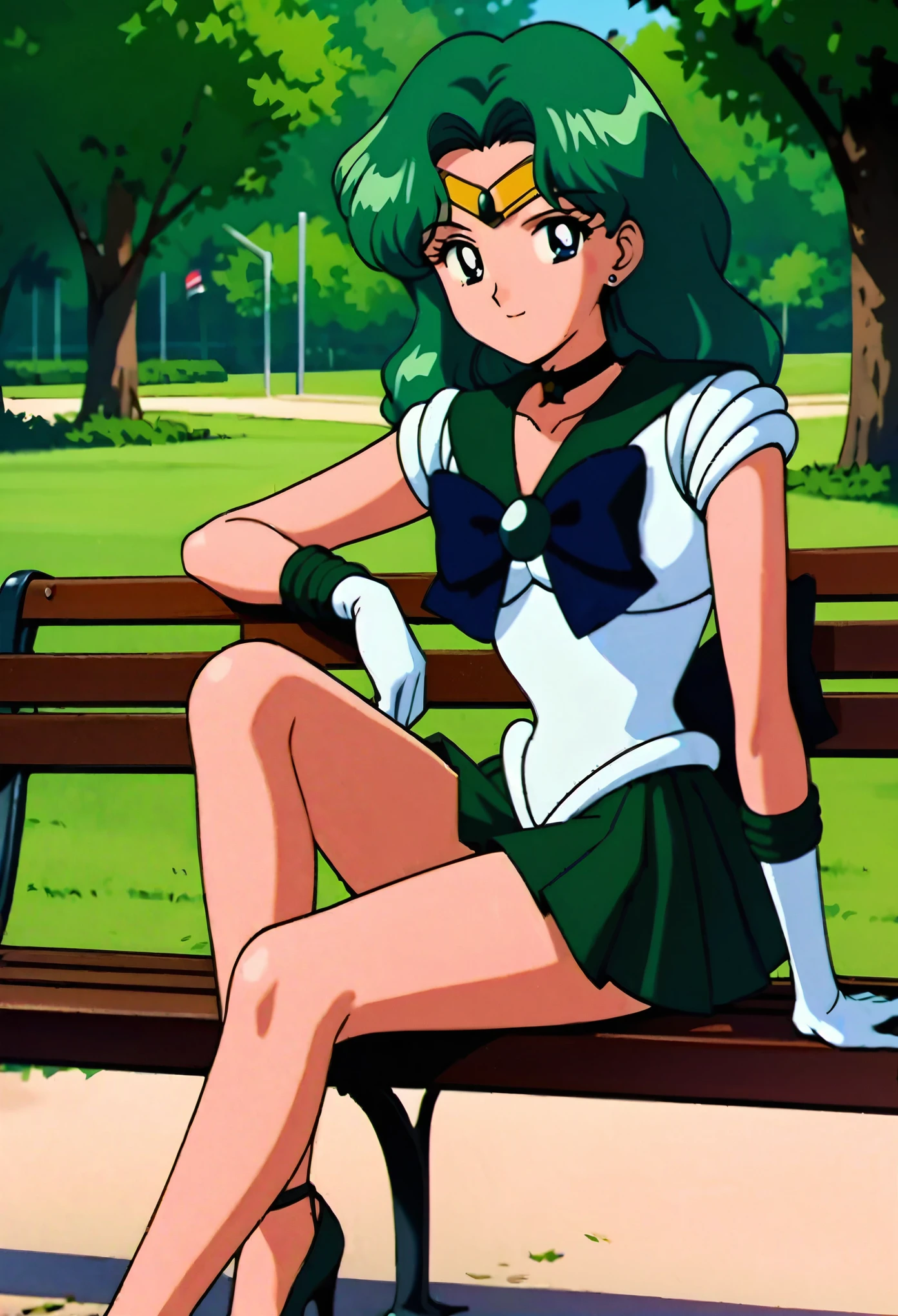 masterpiece,best quality,very aesthetic,ultra detailed,intricate details,Sailor Neptune XL,1990s \(style\),1girl,solo,sailor senshi uniform,stud earrings,skirt,gloves,long hair,green eyes,green hair,green skirt,tiara,choker,white gloves,bow,bare legs,strappy heels,park,park bench,sitting,light smile,