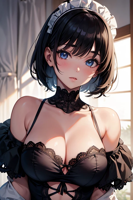 (real, High resolution:1.3), One girl with a perfect body, Very beautiful face and eyes,Bobcut, Big Breasts,Off-shoulder top,Japanese,wearing Halter neck lace teddy with peek-a-boo cups,looking up flirtatiously,Ultra-realistic capture, Highly detailed, High resolution 16k close-up of human skin. Skin texture must be natural, With such detail that pores can be finely identified. Skin should look healthy, In a uniform tone. Use natural light and color,Maid clothes,Cowgirl