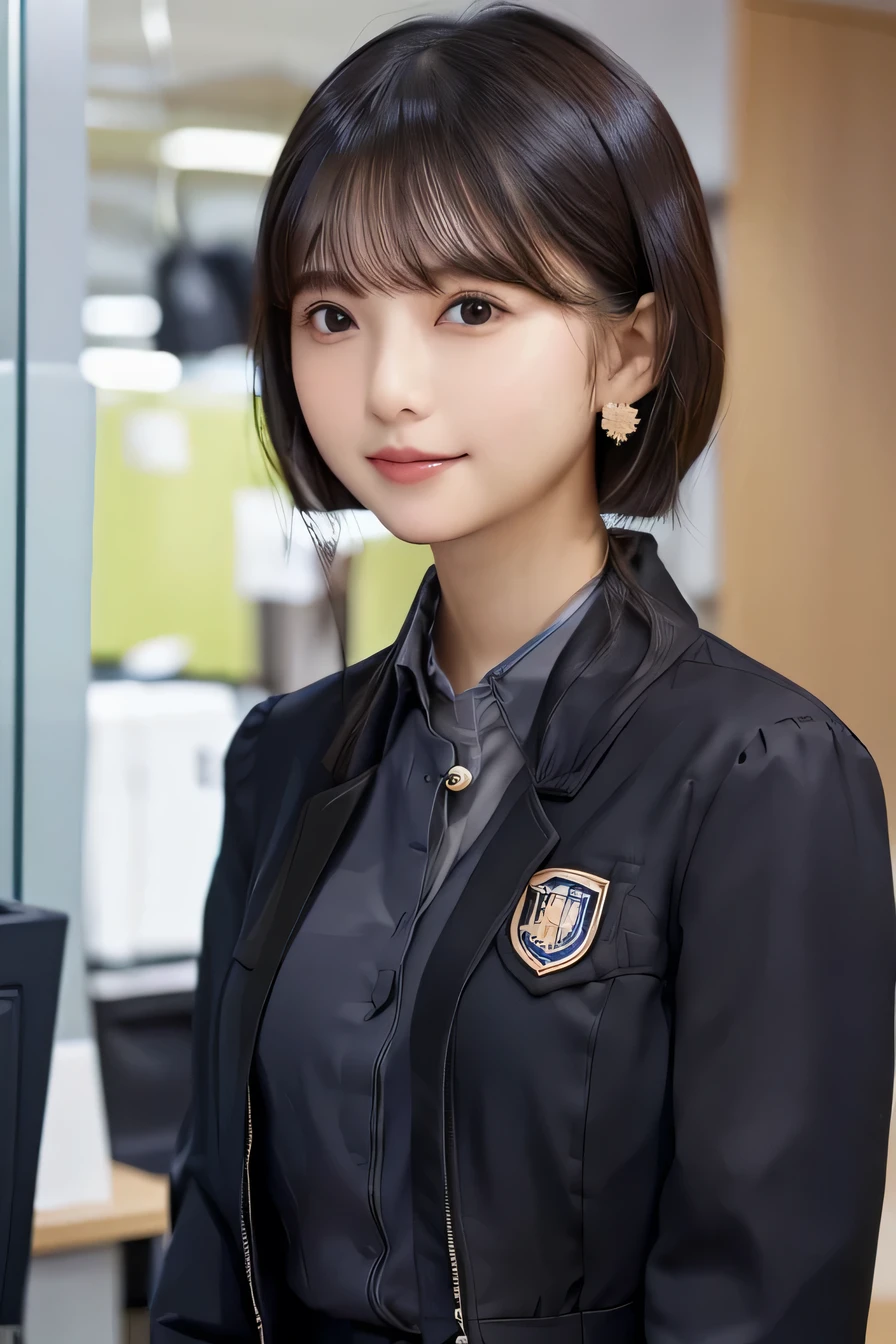 Beautiful young woman、、 Intricate details, short hair、ear piercing、Closed Mouth Smile、、Black Hair、 Clear beauty, (High quality fabric, Office Lady Suits 、Jacket、Unbuttoned shirt、Necklace around the neck、Dark eyeliner、 The background is the office