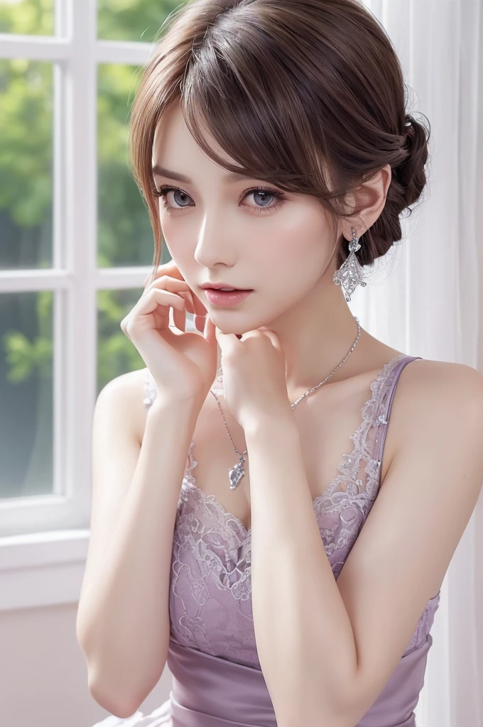 purple lace thong&Good, (((Very elegant and beautiful, Perfect detail, Super detailed))), whole body, The most detailed girl, Depth of written boundary, 美しく詳細なwhole body, Thin legs, 1 girl, 30 years old, Very short hair, Spiked Hair, Gray and silver hair, Beautiful detailed hair, Perfect Face, Expressionless, Beautifully detailed deep eyes, Open your mouth a little, Delicate arms and hands, Pale skin, Earrings, Beautiful and gorgeous necklace, Colorful background, HD background, Blurred Background, Very delicate and beautiful, Masterpiece, (((Highest quality, Very beautiful 8K CG wallpaper))), (((Trendy hairstyles))), (Inside the room,Stylish interior,window),