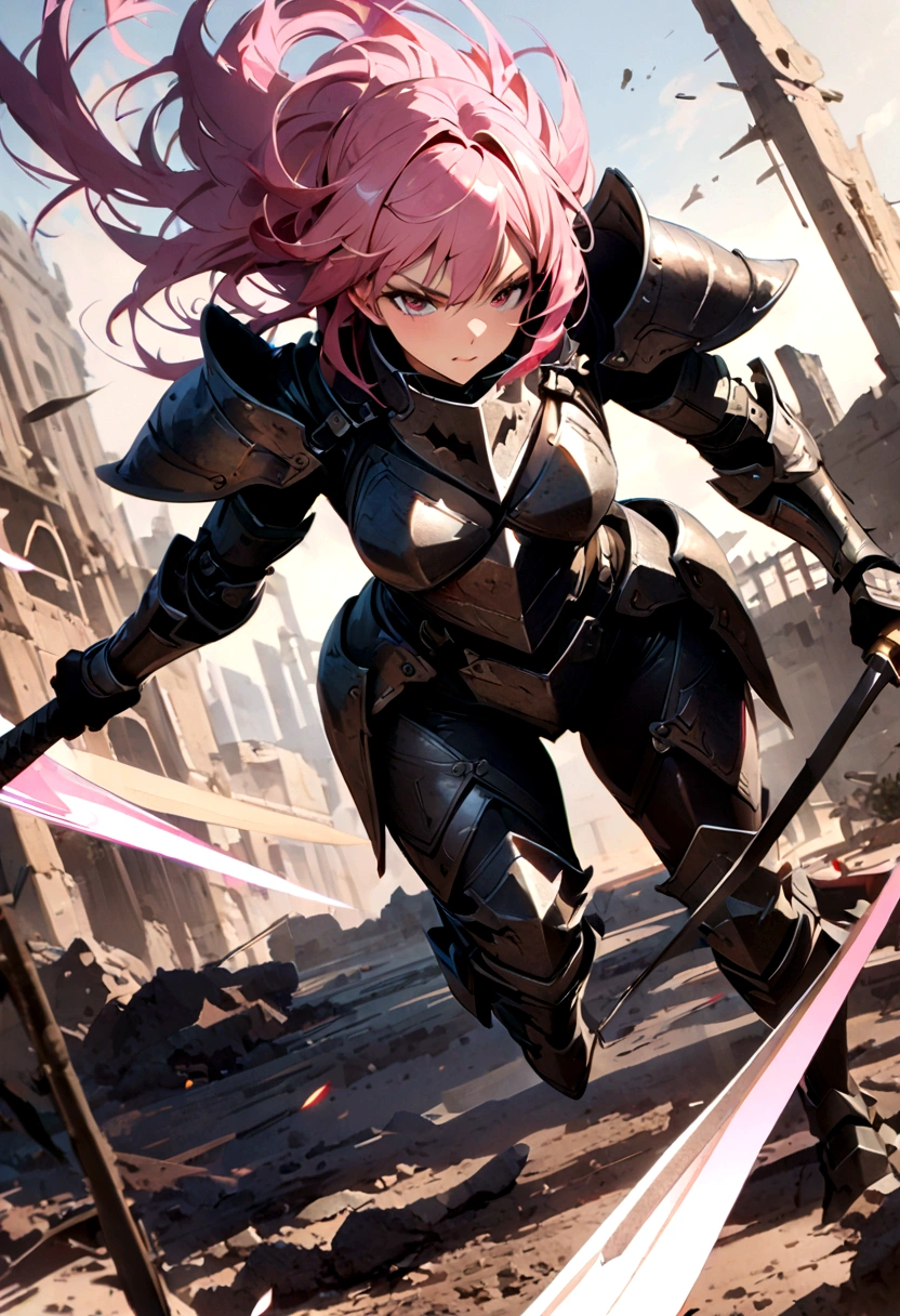 Combat Actions, Holding Weapons, Full Body,pink hair, Super Sexy ,ultra-detailed, ((High resolution)),((high detailed)),knight Armor, Frontal