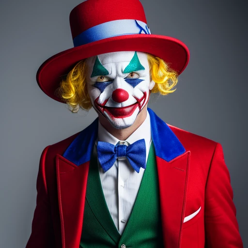 映画Jokerのような,hair is yellow,Hats come in three colors,Realな人間,Illustration is different,clown,Joker,Face white,Cross painted on eyes,Yellow hair,Three-color hat,whole body,4K,high resolution,uncle,Real,Real Humans,Man in his 40s,The hat is white, blue and red,Star-patterned clothing,White gloves,Big red paint on mouth,The hat is white, red and blue,whole bodyは青と赤と白,bow tie is red,The hat is white with red and blue stripes.,The hat has a star pattern,The hat is striped