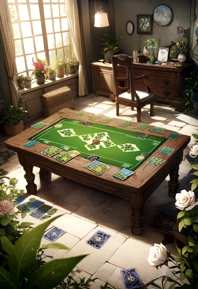 create the scenario where the cards will be placed in a 3x9 space for player 1 and player 2 in a card game based on the art of Magic World Herbs
