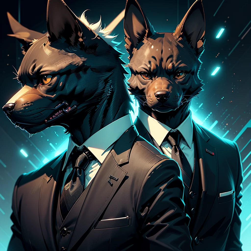 (Man in black suit and tie)comic strip、Anthropomorphic Doberman dog、cyberpunked