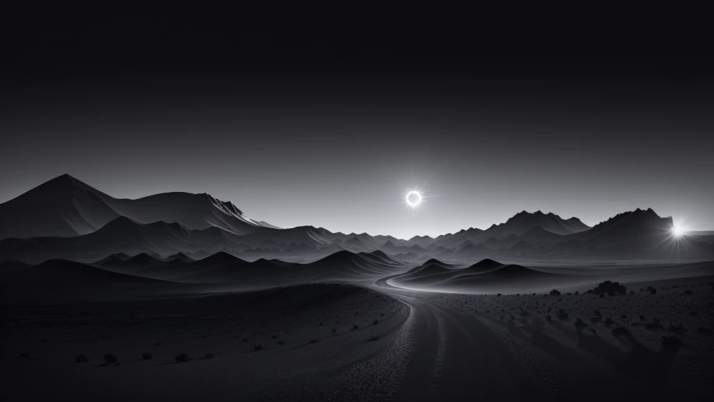 Arafud Mountains landscape with sun shining, dark desert background, beautiful dark landscape, Somewhere in the desert, Inspired by Michal Kartz, Moon Landscape, Nicolas Delort, dark landscape, Inspired by Michal Karz, Alien Landscape view, Alien Landscape, empty desert, In a quiet vast desert, dune
