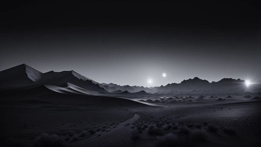 Arafud Mountains landscape with sun shining, dark desert background, beautiful dark landscape, Somewhere in the desert, Inspired by Michal Kartz, Moon Landscape, Nicolas Delort, dark landscape, Inspired by Michal Karz, Alien Landscape view, Alien Landscape, empty desert, In a quiet vast desert, dune