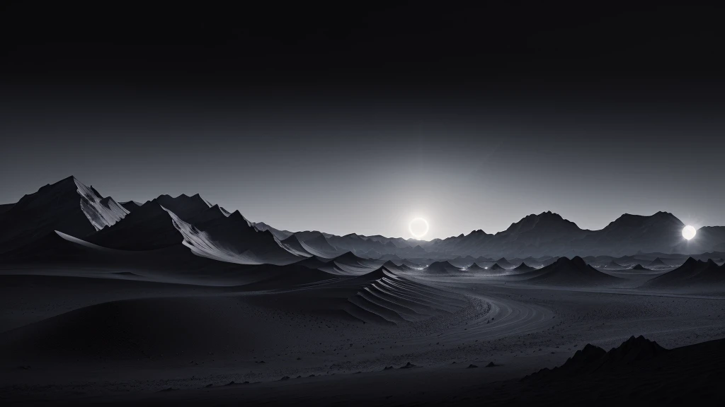 Arafud Mountains landscape with sun shining, dark desert background, beautiful dark landscape, Somewhere in the desert, Inspired by Michal Kartz, Moon Landscape, Nicolas Delort, dark landscape, Inspired by Michal Karz, Alien Landscape view, Alien Landscape, empty desert, In a quiet vast desert, dune
