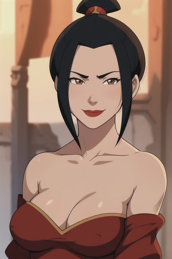  (anime), cartoon, detailed, azula, 1girl, solo, short hair, black hair, hair ornament, ponytail,  brown eyes,  lipstick,  red lips, no clothes, breasts out, mature, art by greg rutkowski and artgerm, soft cinematic light, highly detailed, (depth of field:1.4), soft light, sharp, exposure blend, medium shot, bokeh, (hdr:1.4), high contrast, art [[by jordan grimmer]], closeup, happy face, smiling, blushing, shy, proud, posing, upper body, inverted nipples 