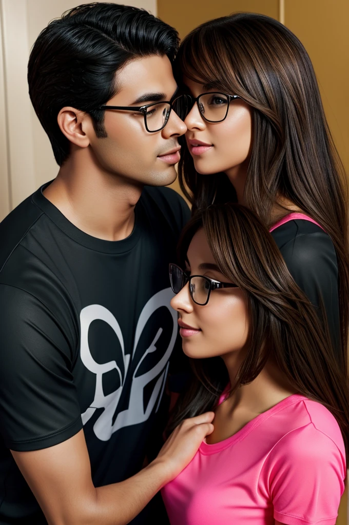 Beautiful brown-haired girl kissing her handsome black-haired boyfriend with glasses in a room gamers 3d graphics 720 glow illuminated matching clothes for the couple something cute