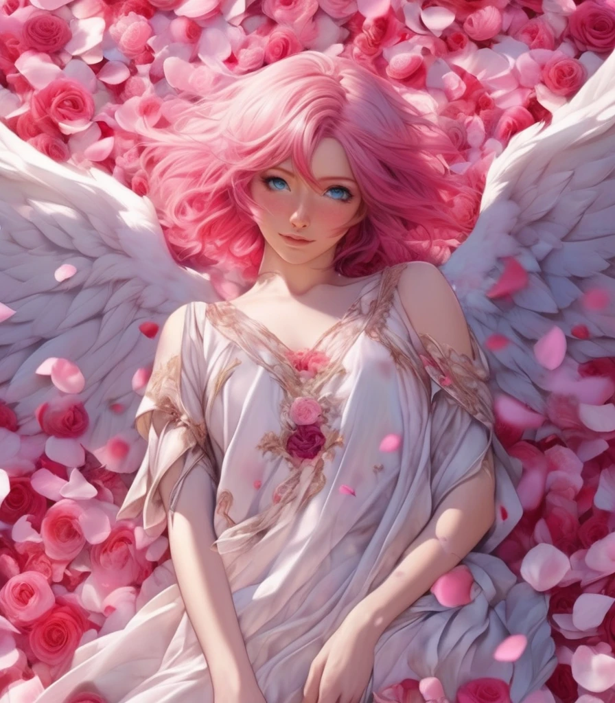 Beautiful anime angel with pink hair and blue eyes surrounded by rose petals