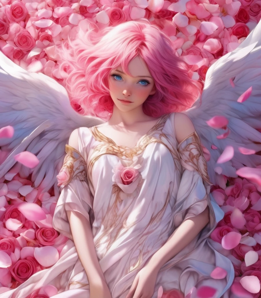 Beautiful anime angel with pink hair and blue eyes surrounded by rose petals