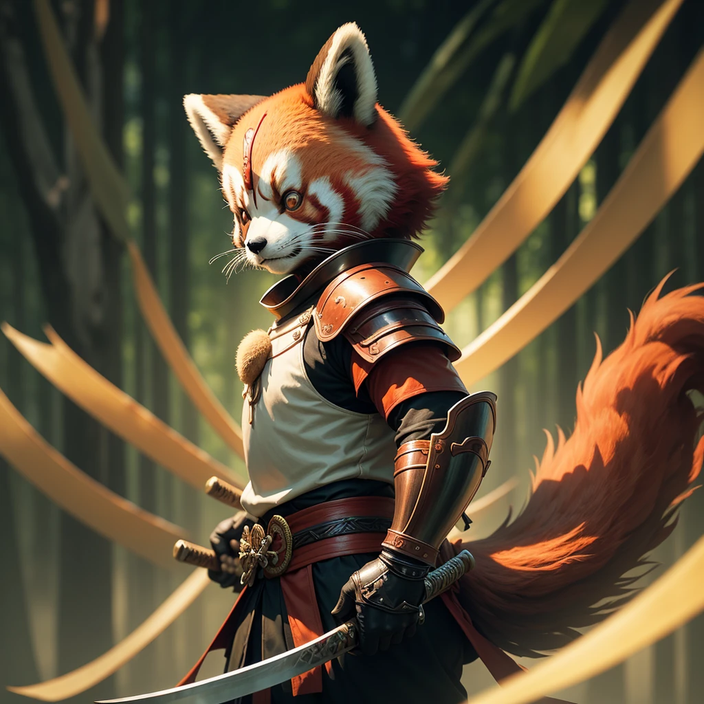 Red panda bear dressed in samurai general armor, defiant posture and gesture wielding an impressive katana, background of oriental landscape green meadow and bamboo plants, ray tracing, reflection light, blurred light, bright, depth of field, chiaroscuro, stereogram, zoom layer, cowboy shot, f/2.8, bokeh, masterpiece, best quality, high quality, HD