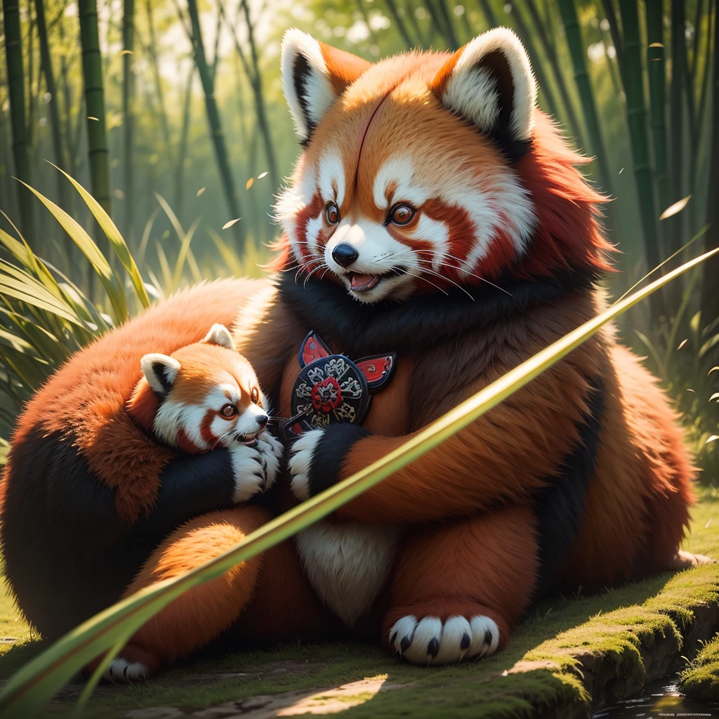Red panda bear dressed in samurai general armor, defiant posture and gesture wielding an impressive katana, background of oriental landscape green meadow and bamboo plants, ray tracing, reflection light, blurred light, bright, depth of field, chiaroscuro, stereogram, zoom layer, cowboy shot, f/2.8, bokeh, masterpiece, best quality, high quality, HD