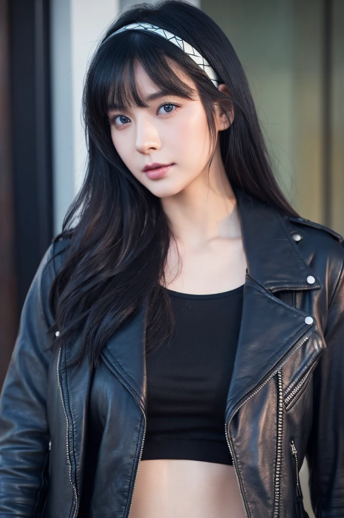 30-year-old woman,Black Hair,Asian,Korean style long hair,Headband,Long Bangs,Blue Eyes,Dark Skin,leather jacket,Tattoo