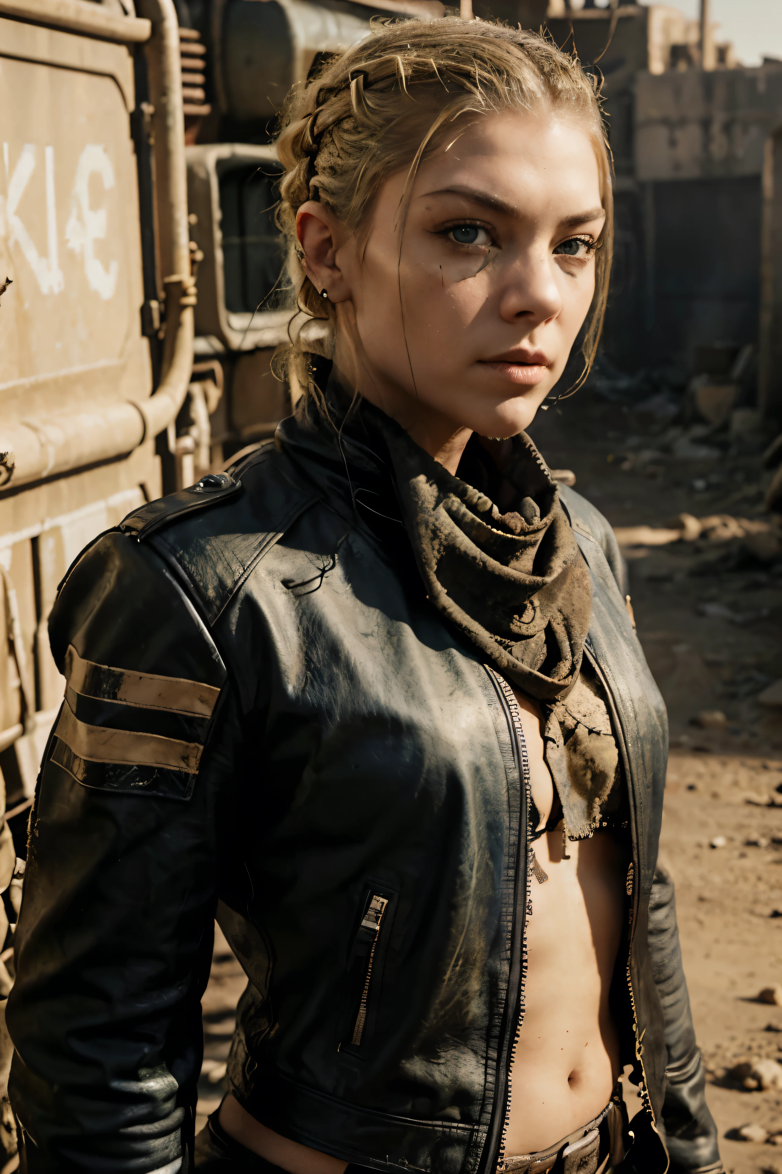 Biker girl with blonde hair shaved on the side of the head is shaved close to the scalp in an undercut style. Natalie Dormer's face. Worn and old leather clothes with jacket with a neckerchief. She wears old combat boots. The hands are bandaged. She has bright blue eyes. The environment is post-apocalyptic desert. A Wasteland. Mad Max. Fury Road. Cressida.