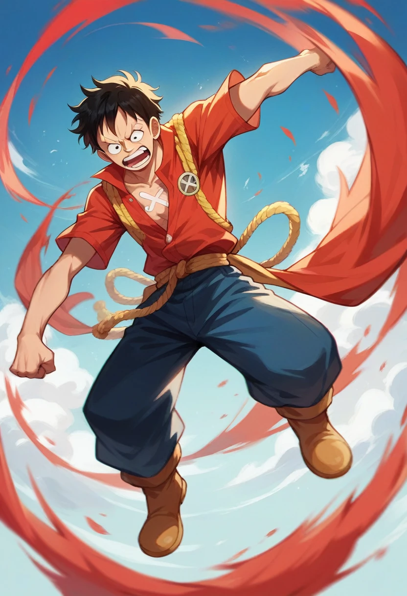 a real photo of Luffy from one piece in his joyboy gear fifth form fighting a battle jumoing through air with a red aura around his fist
