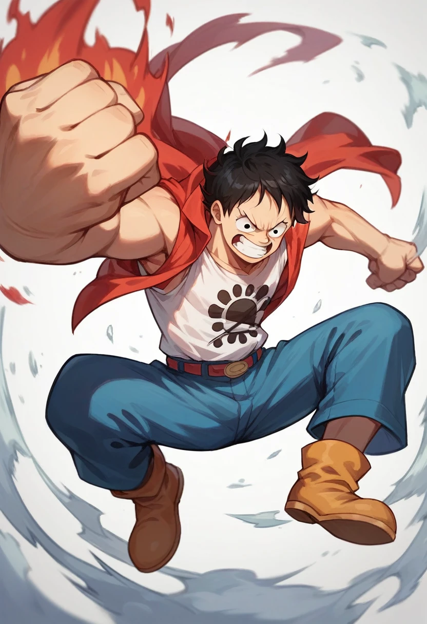 a real photo of Luffy from one piece in his joyboy gear fifth form fighting a battle jumoing through air with a red aura around his fist