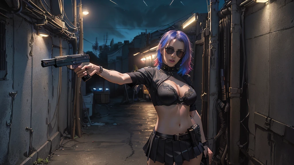 (Realistic:1.4) cyberpunk girl images, (highest quality, 8k, 32k, masterpiece) , (Dynamic pose), ((Front camera)), Cowboy Shot, Shapeless hair, Multicolored Hair, Colorful cyberpunk combat armor, Depth of written interface f/1.8, high angle view of Cyberpunk city (((((at night))))) as background. (((1girl, solo))), photo realistic, (medium-breast slim body, cleavage), (((full bra top, extreamly short pleated (((miniskirt))) exposing panty))), (((((matrix style black sunglasses))))), (((((((aiming at viewer with a (pistol), (looking at camera)))))))), (((((half-body (thigh level) medium shot))))), (cinematic lighting).