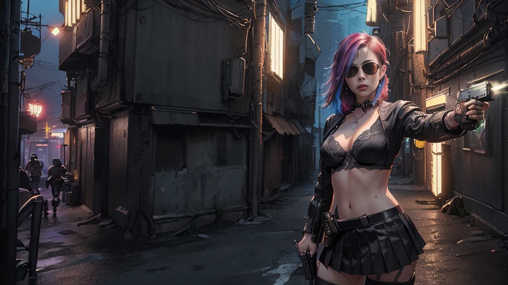 (Realistic:1.4) cyberpunk girl images, (highest quality, 8k, 32k, masterpiece) , (Dynamic pose), ((Front camera)), Cowboy Shot, Shapeless hair, Multicolored Hair, Colorful cyberpunk combat armor, Depth of written interface f/1.8, high angle view of Cyberpunk city (((((at night))))) as background. (((1girl, solo))), photo realistic, (medium-breast slim body, cleavage), (((full bra top, extreamly short pleated (((miniskirt))) exposing panty))), (((((matrix style black sunglasses))))), (((((((aiming at viewer with a (pistol), (looking at camera)))))))), (((((half-body (thigh level) medium shot))))), (cinematic lighting).