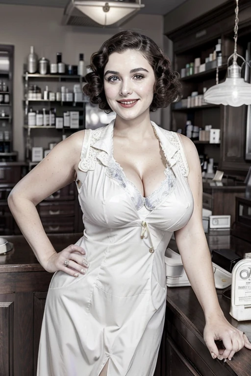 a beautiful young woman, 25 years old, pharmacist, wavy light brown hair, medium short haircut, white uniform, pharmacist uniform, curvy body, big breasts, cleavage, masterpiece, extra high detail, standing behind the counter in drugstore, hyperrealistic, photorealistic, highly detailed, 8k, studio lighting, intricate details, realistic, vivid colors, sharp Focus, 1930s, 1930s fashion, vintage photo 