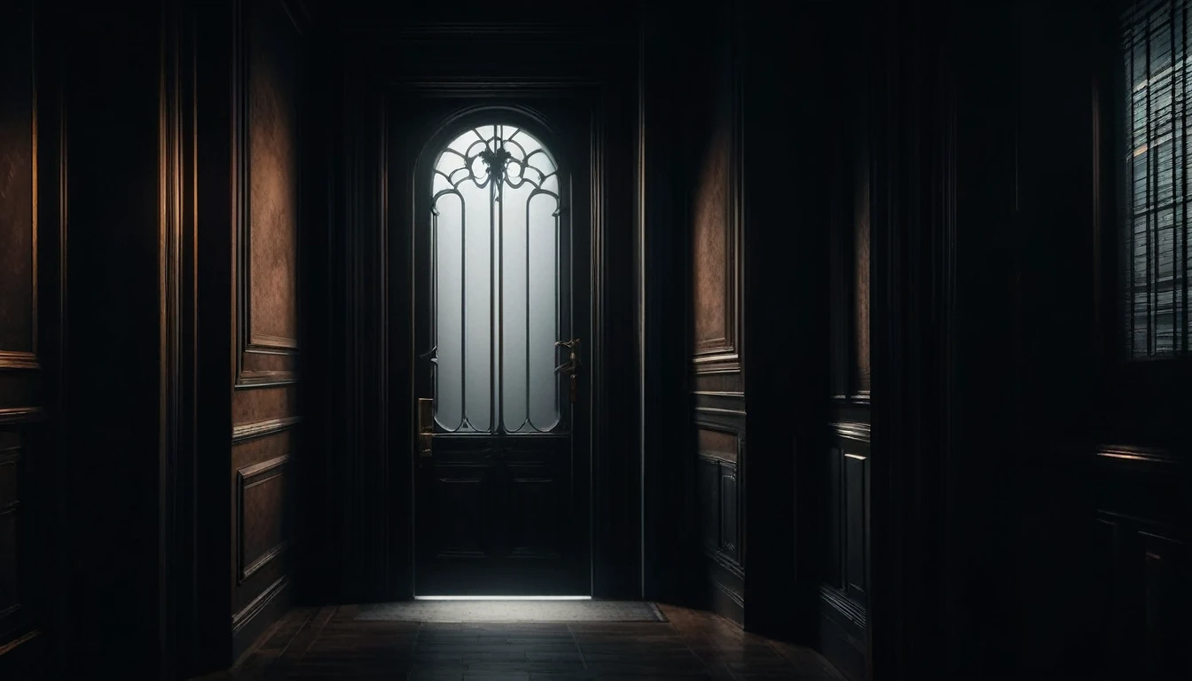 A dimly lit room, a door with a small vent at the bottom, a tense and unsettling atmosphere, detailed architectural elements, cinematic lighting, moody shadows, high contrast, muted color palette, photorealistic, 8k, masterpiece, hyper-detailed, cinematic, dramatic